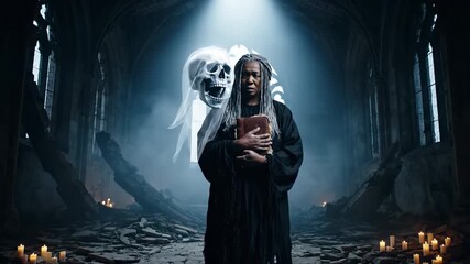 Holding book during ritual in church. Witch stands beneath cathedral gothic window. Skull apparition floats above candle circle. Occult atmosphere in ruined nave and scattered rubble. Witchcraft - Powered by Adobe