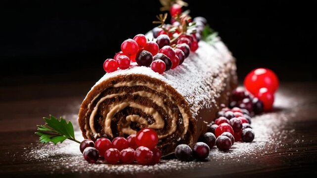 A chocolate yule log cake decorated with red berries and powdered sugar. The cake has a spiral design and is placed on a dark wooden surface.