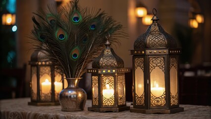 Obraz premium arabic wedding stage decor Decorative lanterns with peacock feathers create an elegant ambiance in a warm setting.