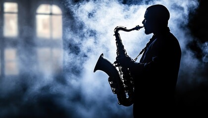 Obraz premium Silhouette of a jazz musician playing saxophone with smoke in a vintage concert hall background.