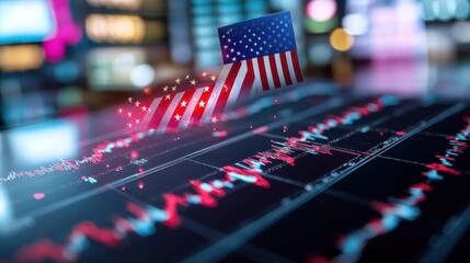 Stock Market Data Analysis with Digital Graphs and American Flag Background for Financial Concept