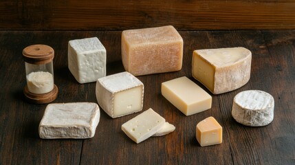 Assorted Cheeses Displayed on Wooden Table with Hourglass Featuring Various Shapes and Textures of Artisan Cheese Blocks