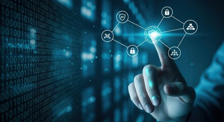 Hand touching a digital network interface with glowing nodes and binary code background