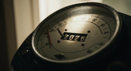 Close-up of a vintage, sepia-toned speedometer/odometer with the year 2026 in the center.