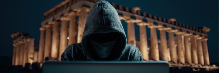 Obraz premium A hooded figure on a laptop near ancient ruins suggests cyber risk and data threats. The scene points to hacking danger and the need for protection.