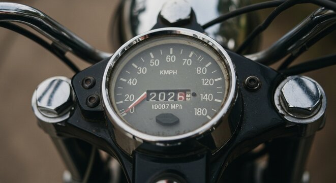 Close-up of a vintage motorcycle speedometer/odometer showing the number 2026.