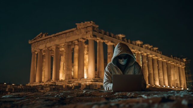 A hooded figure on a laptop near ancient ruins suggests cyber risk and data threats. The scene points to hacking danger and the need for protection.