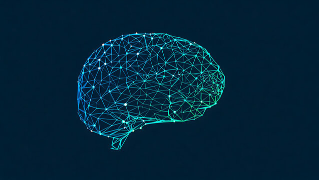 A conceptual low poly 3D model of a brain, visualized as a blue plexus network of connected points and lines.