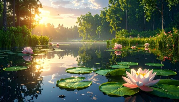 Serene sunrise over a tranquil pond with blooming water lilies.