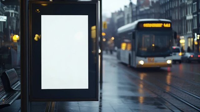 A bus travels along a city street beside a bus stop, with people waiting for their ride