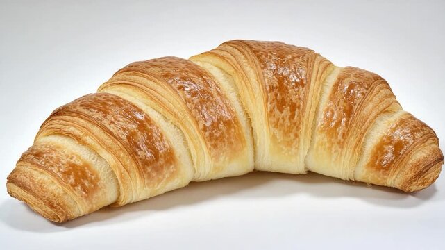 A close-up shot of a flaky and buttery croissant on a white surface
