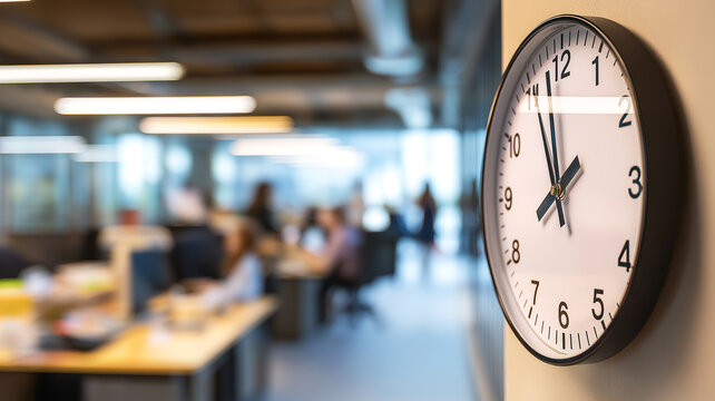 Wall clock in modern office showing time during busy workday