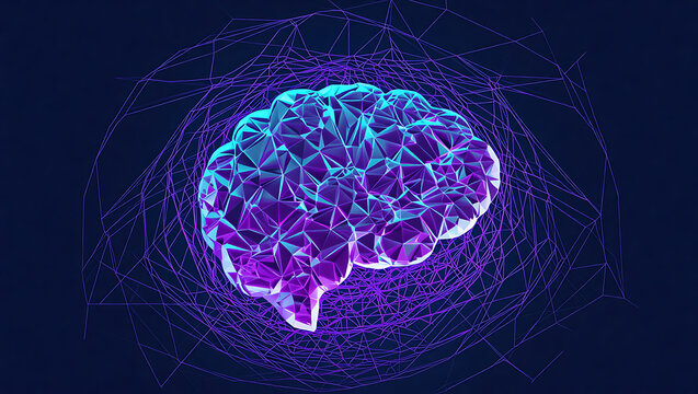 A high-tech low poly 3D model of a human brain surrounded by a complex, glowing purple plexus network, representing AI.