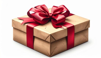 Fototapeta premium Wrapped Gift Box with Red Ribbon and Bow on White Background