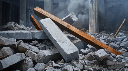 Construction Site Debris with Broken Concrete Blocks and Wooden Beams Amidst Dust and Smoke in Abandoned Urban Environment