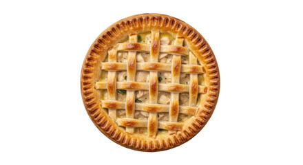 Isolated chicken pot pie with lattice crust, golden brown, fresh and delicious meal