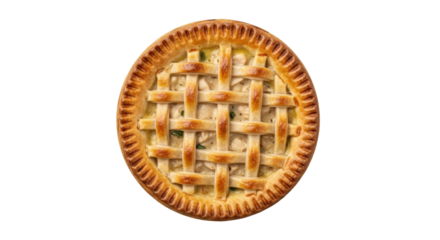 Isolated chicken pot pie with lattice crust, golden brown, fresh and delicious meal