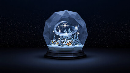 A magical low poly 3D model of a snow globe containing a cozy winter village scene, set against a dark background.