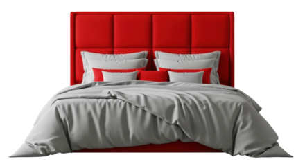 Isolated bed with red headboard and gray bedding for bedroom interior design ideas