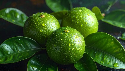 Three Fresh Green Limes with Water Droplets and Leaves.