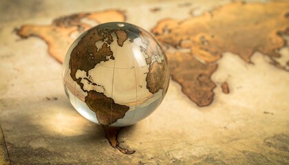 Glass Globe on Vintage World Map Representing Global Connection and Exploration.