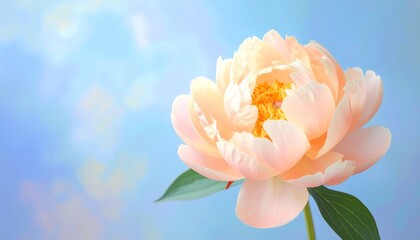 Elegant Peach Peony Blossom Against a Soft Blue Background.
