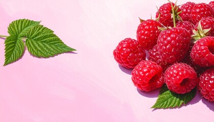 Fresh ripe red raspberries with green leaves on a pink background.