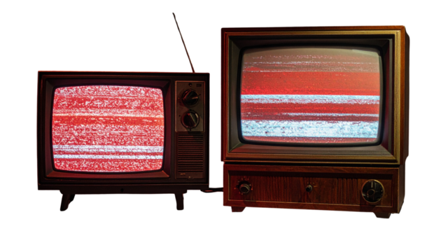  Antique Room Television Pair with Distorted Red Screens, isolated on transparent background