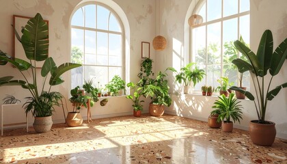 Sunlit bohemian style room with large arched windows and lush green plants.
