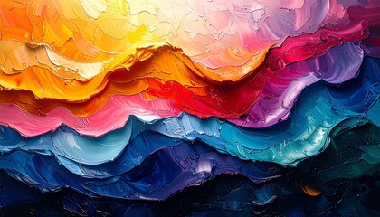 Vibrant Abstract Oil Painting with Rich Textured Brushstrokes and Colorful Waves.