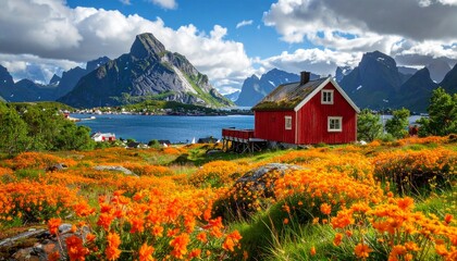 Scenic red house in a field of flowers with mountains and lake view.