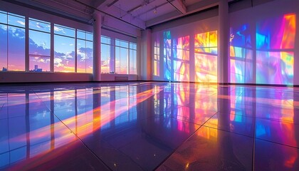 Vibrant Rainbow Light Reflections on Polished Floor in Modern Studio.