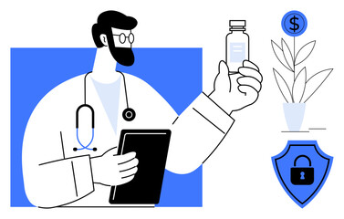 Doctor examining medical vial with clipboard, coin on plant signifying healthcare finance, shield symbolizing data protection. Ideal for healthcare, medicine, finance, pharmacy, technology, security