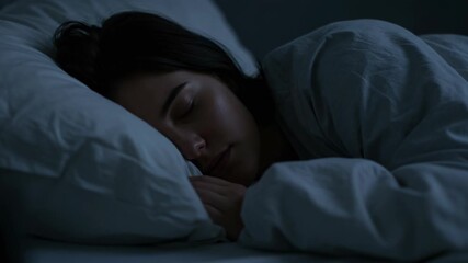 Young woman peacefully sleeping in bed at night, resting comfortably