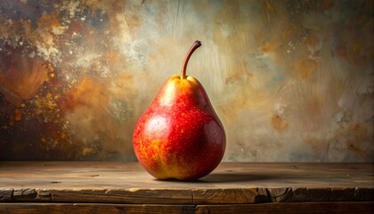 Vibrant Pear on Rustic Wooden Table with Textured Background.