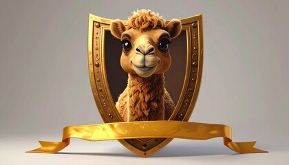 Cute Camel Head Trophy with Golden Shield and Ribbon on a Light Background.