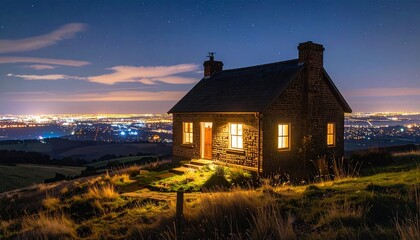 Cozy Cottage Retreat - Illuminated Home Amidst a Nighttime Landscape.