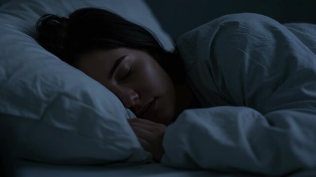 Young woman peacefully sleeping in bed at night, resting comfortably