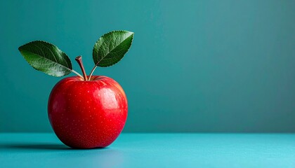 A single fresh red apple with green leaves on a teal background.