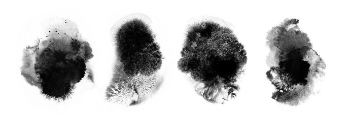 Abstract ink blob set, grunge art. Black paint stroke texture in marble style. Wallpaper design. Hand drawn watercolor isolated illustration on white background