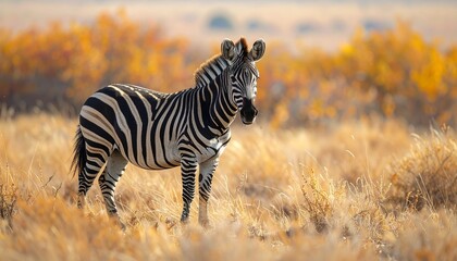 Zebra standing majestically in a golden savanna landscape with warm autumn colors.
