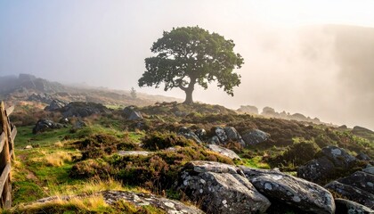Solitary Tree on a Misty Hillside - A Serene Landscape.