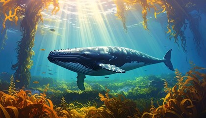 Majestic whale swims gracefully through the vibrant underwater world.
