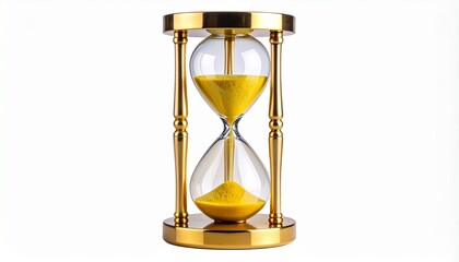 Classic hourglass with yellow sand flowing through clear glass against light background for editorial time symbolism mindfulness design and poetic minimalism-themed visuals