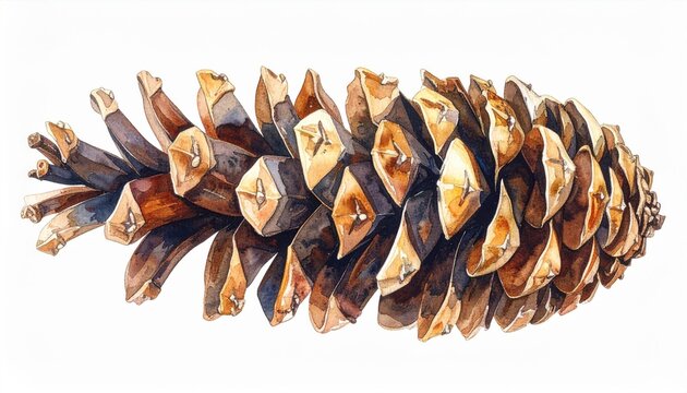Watercolor Painting of a Single Pinecone with Brown Scales and a White Background