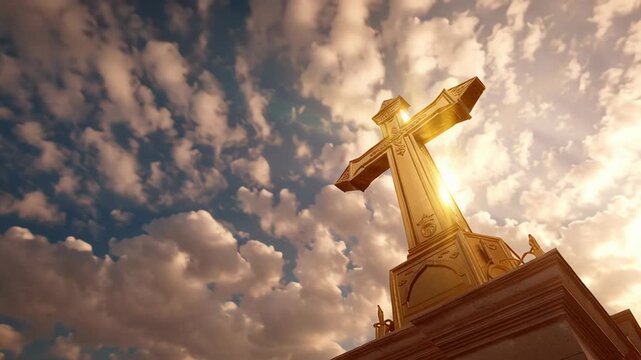 4k video of a Christian cross in Heaven and clouds.
