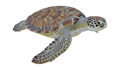 Isolated Green Sea Turtle with Scaled Carapace and Flippers in a Natural Looking Pose