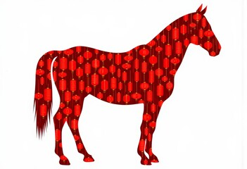 Obraz premium Silhouette of Horse Outlined with Vibrant Red Pattern of Lanterns Against White Background for a Bold Artistic Statement