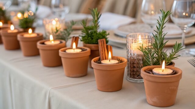 eco friendly wedding decor Decorative candles in terracotta pots on a dining table set for a gathering.