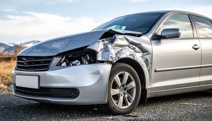 Damaged silver sedan with crumpled front end and side impact on urban street for editorial road safety accident analysis and insurance claim-themed visuals